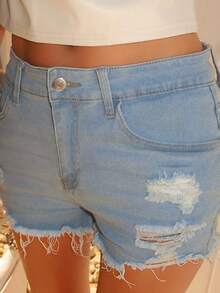 Sydney Algeri 女士口袋做旧毛边休闲修身牛仔短裤 - 淺藍色 - 查看 3