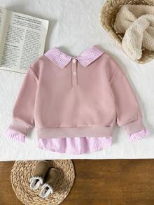 SHEIN 女婴二合一衬衫领字母休闲卫衣 - 粉色 - 查看 2