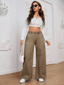 EMERY ROSE Quần jeans ống rộng cạp chun co giãn đa năng dành cho nữ cỡ lớn - Cà phê nâu - Xem 4