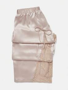 SHEIN MOD 大码女式香槟色撞色蕾丝优雅直筒裤，适合正式场合 - 奶油色 - 查看 2