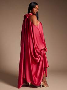 Radiana Váy maxi satin co giãn, cổ cao hở vai, gợi cảm và thanh lịch cỡ lớn dành cho nữ, thắt nơ phía sau, phù hợp cho những dịp trang trọng, tiệc tùng, tụ họp, hội nghị, dạ tiệc - Đỏ - Xem 7