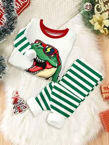 SHEIN Happikins Snug Fit Cartoon Dinosaur,Stripe Christmas Pattern Pajama Set,White Autumn Family Matching Casual Comfortable Top And Pants,All Seasons - Multicolor - View 2