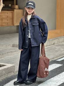DAZY 2pcs Tween Girls Denim Jacket + Wide Leg Jeans Set, Fall Outfit