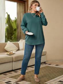 EMERY ROSE 秋冬大码休闲纯色圆领运动衫 - 綠色 - 查看 4