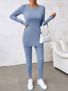 RueChic Của phụ nữ Vòng cổ Tách ra mặt trước Đúng mốt Tay áo dài Áo Và Cơ bản Quần 2 cái/bộ - Màu xanh nhạt - Xem 4