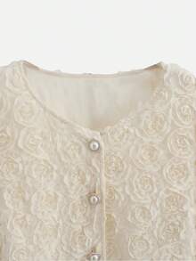 Chiquease Áo sơ mi nữ, cổ chữ V, tay dài, cài nút phía trước bằng nút kim loại, vải dệt họa tiết, thoải mái và đa năng - Màu be - Xem 4