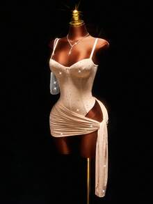 Amplova Váy suông màu nude bóng đính đá lấp lánh dành cho nữ, gợi cảm và sang trọng, thích hợp cho Giáng sinh, tiệc Halloween, mặc hàng ngày, hẹn hò, thu/đông - Nhiều màu - Xem 4