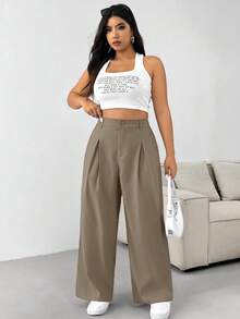 SHEIN PETITE CURVE 秋冬季加大码纯色纽扣休闲阔腿裤 - 駝色 - 查看 5