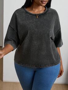 SHEIN PETITE CURVE Plus Size Short Sleeve Washed Cotton T-Shirt, Spring Crop Tops - Black - View 3