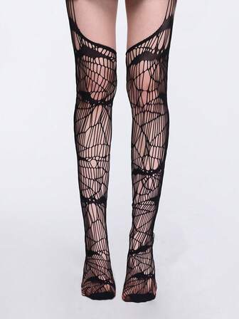 Grunge Punk 1 Paar sexy minimalistische schwarze einfarbige Strumpfhalter, durchsichtige Strumpfhose mit Spinnennetz-Muster, ultra-dünne undurchsichtige Strumpfhose