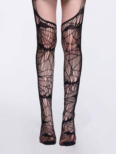 Grunge Punk 1 Paio di Autoreggenti Sexy Minimaliste di Colore Nero Unito, Collant Trasparenti Elastici a Motivo Ragnatela, Collant Opachi Ultra Sottili