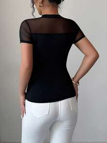 SHEIN Tall 女士优雅纯色百搭透视弹力修身T恤 - 黑色 - 查看 2