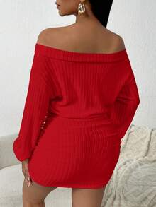 SHEIN SXY 1 buah Gaun Mini Ketat Berkerut Warna Polos Tanpa Bahu, Gaun Merah untuk Wanita, Gaun Natal Lengan Panjang Tanpa Bahu Kasual Nyaman Ketat - Merah - View 2