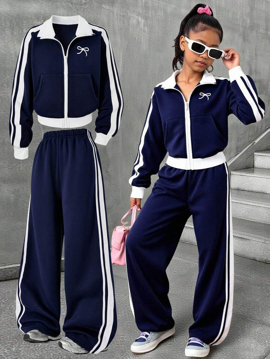 Sparklyn 2件套女童休闲简约户外长袖夹克和阔腿裤 - 寶藍色 - 查看 1