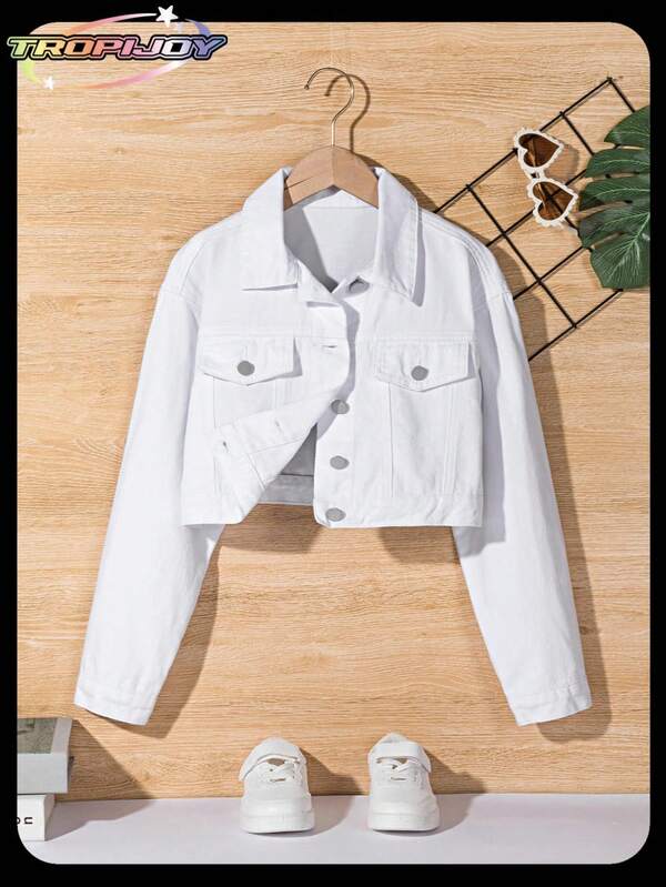 SHEIN Tween Girls Denim Jackets & Coats, New Autumn/Winter Short White Denim Jacket, Casual & Fashionable, Comfortable Fitted Denim Fabric, Daily & School Casual Short Denim Jacket For Tween GirlsFashionable & Classic Jacket, Versatile & Suitable For All