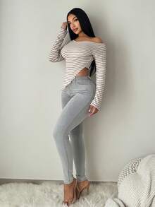 SHEIN SXY Asymmetrical Shoulder Exposed Striped Long Sleeve Top, Autumn/Winter - Multicolor - View 4
