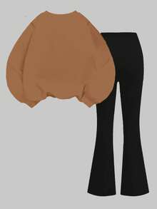 SHEIN Leap Crew 两件套少女休闲复古时尚豹纹蝴蝶结印花宽松卫衣和修身喇叭裤套装，返校季 - 彩色 - 查看 3