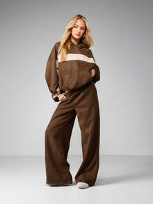MISSGUIDED Women's Oversized Hooded Sweatshirt With Contrast Stripe Design And Centre Pocket For Casual Comfort - Coffee Brown - View 5