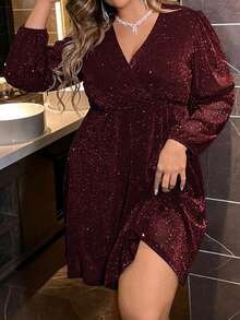 Femmeverse Plus Size Women's Glittery Wrap Dress For New Year Clothes