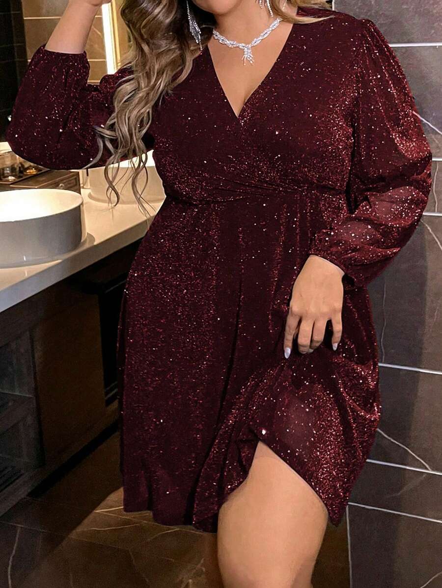Femmeverse Plus Size Women's Glittery Wrap Dress For New Year Clothes