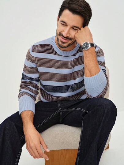 Manfinity CityGents Men's Striped Pattern Crew Neck Long Sleeve Casual Sweater, Autumn/Winter