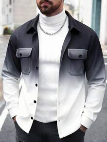 Manfinity CasualCool 男士休闲时尚渐变色翻盖口袋大衣，秋冬 - 黑與白 - 查看 6