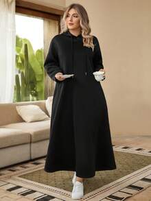 EMERY ROSE 大码女式纯色长袖休闲抽绳连帽卫衣连衣裙 - 黑色 - 查看 6