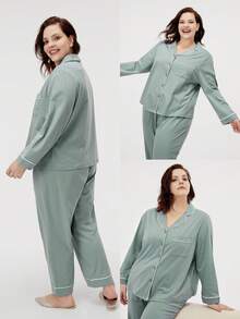 LUVLETTE 秋冬加大码绿色柔软纯棉基础款纽扣上衣和裤子家居服睡衣套装 秋季睡衣
