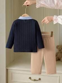 Souflis Souflis Set de 2 piezas de top de manga larga con cuello y pantalones casuales estilo francés retro para niños pequeños, adecuado para la escuela, salidas, fiestas y talla grande ocasiones - Multicolor - Ver 2