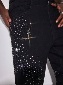 ROMWE MEN Street Life Men's Pocket Rhinestone Embellished Casual Flare Leg Jeans - Black - View 2