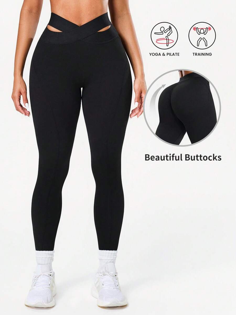 Slayform 1 Quần legging dài đến mắt cá chân liền mạch dáng chữ thập giúp thon gọn eo khi tập yoga/chạy bộ/tập luyện cho nữ - màu đen - Xem 1