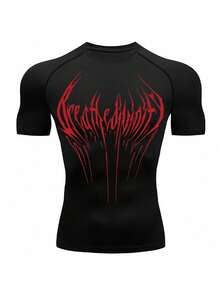 Manfinity Sport Corelite Men's Letter Print Round Neck Raglan Short Sleeve Sporty T-Shirt Workout Clothes Running Tees & Tanks Workout Tops Gym Top Compression Shirt Breathable Fitted Shirt Crew Neck Compression Shirt Men - Black - View 3