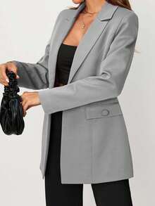 EURMUSE Women's Purple Button Front Pocket Detailed Elegant Blazer Jacket - Light Grey - View 6