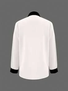 INAWLY Áo sơ mi nữ tay dài cài khuy đơn màu tương phản thời trang thường ngày - trắng - Xem 2