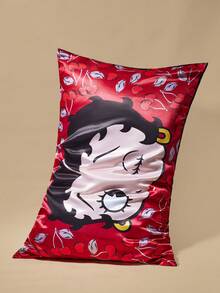Betty Boop x SHEIN 2 Pcs Cartoon Figure Graphic Pillowcase Set, Taffeta Fabric, Comfortable & Cool, Cherry Blossom Print Red Pillow Cover, Smooth & Non-Wrinkle, Gentle On Hair & Skin, Cherry Pattern,Gift Ideas,Party,Holiday,Valentine's Day - Red - View 6