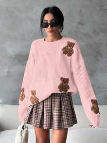 EURMUSE Women Round Neck Oversize Drop Shoulder 3d Mini Teddy Bear Patched Pattern Cute Drop Shoulder Sweater Pullover - Coral Pink - View 6