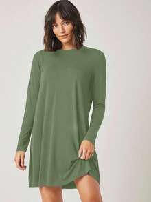 EURMUSE Váy dài tay màu trơn tối giản giản dị, mặc hàng ngày - Màu xanh Bạc hà - Xem 3