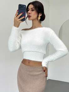 Firerie Women's Elegant Minimalist Casual Daily Warm Fashionable New Oblique Shoulder Waist Cinched Long Sleeve Faux Fur White Sweater, Autumn/Winter - White - View 5