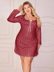 Slumberry CURVE Plus Size Sweet Ins Heart Print Ribbed Contrast Trim Comfortable Nightgown, Winter - Burgundy - View 5