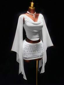 Amplova 两件套女士缎面露背收腰连衣裙，配蝴蝶结披肩领和水钻后背装饰，闪亮亮片迷你裙，适合派对、秋冬季穿着。 - 白色 - 查看 9