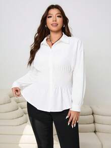 SHEIN EZwear 大码女式腰部收褶秋冬衬衫 - 白色 - 查看 2