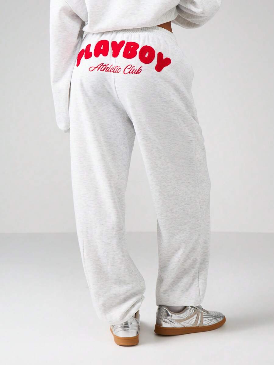 Missguided x Playboy Athletic Club 舒适运动裤 灰色法国毛圈绒 复古运动俱乐部设计 舒适家居服 高腰抽绳 弹力卷边裤脚 休闲裤 - 灰色 - 查看 1