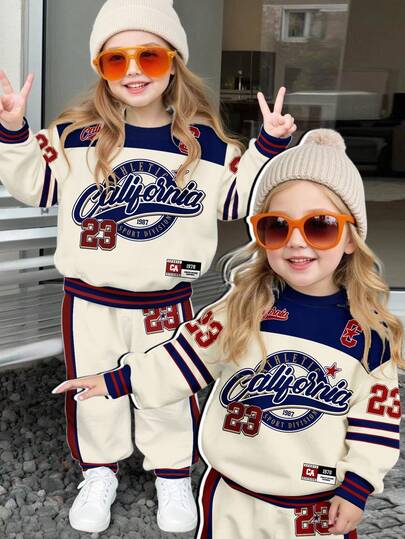 SHEIN Happikins Baby Girl Retro Sporty Numeric 23 Print Tracksuit, Casual Loose Fit Soft Knit Crew Neck Sweatshirt And Pants Set, Comfortable For Autumn/Winter