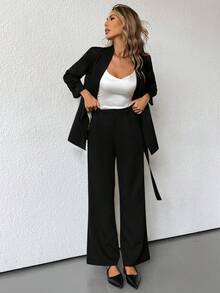SHEIN BIZwear Solid Color Elegant OL Office Workwear Side Tie Design Flare Pants Suit  - Black - View 6