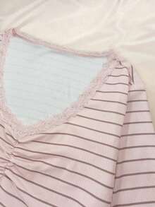 INAWLY Camiseta de manga larga con mezcla de rayas y encaje elegante, casual y linda para mujer