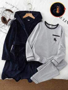 3pcs Set Navy Blue Bathrobe & Solid Gray Plush Pajamas, Small Logo Design For Tween BoySleepwear Homewear Set - Multicolor - View 8