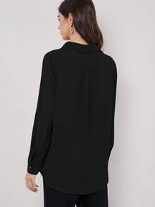 BizChic 女士纯色翻领长袖垂褶衬衫，现代优雅都市通勤日常浪漫90年代复古风，适合圣诞节、新年、情人节、派对、海滩、毕业典礼、时尚、节日、假日、婚礼宾客、早午餐、机场等多种场合。 - 黑色 - 查看 3