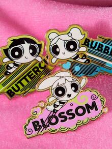 THE POWERPUFF GIRLS X SHEIN 1 Set de broches casuales y lindos con elementos de dibujos animados populares entre mujeres, como flor, burbujas y Buttercup - Dorado - Ver 3