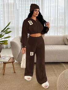 SHEIN SXY Women Brown Casual Hooded Drop Shoulder Long Sleeve Knitwear Zipper Cardigan With Letter Pattern - Brown - View 3