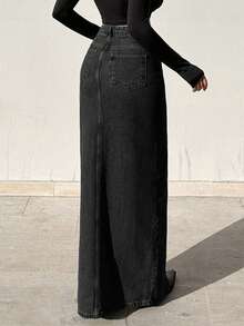 SHEIN Tall 复古时尚修身开衩长款牛仔裙 - 黑色 - 查看 2